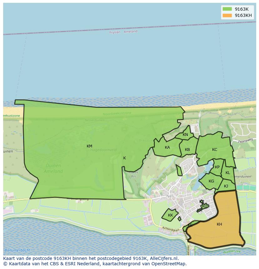 Afbeelding van het postcodegebied 9163 KH op de kaart.