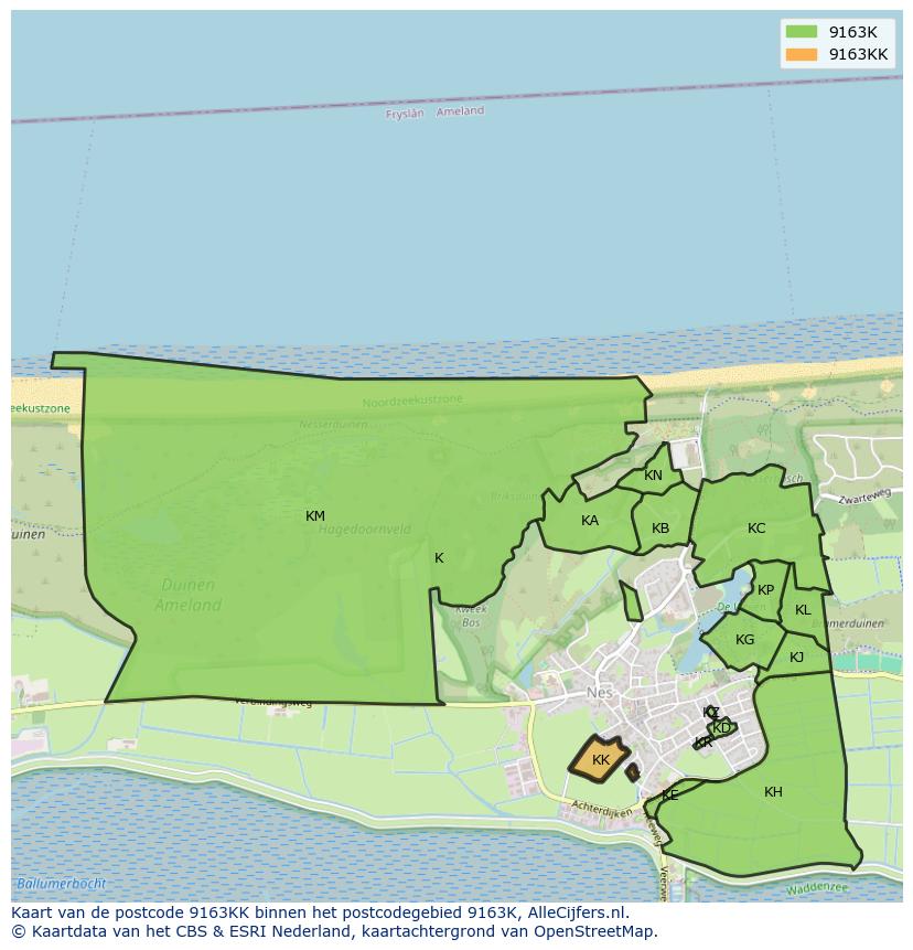 Afbeelding van het postcodegebied 9163 KK op de kaart.
