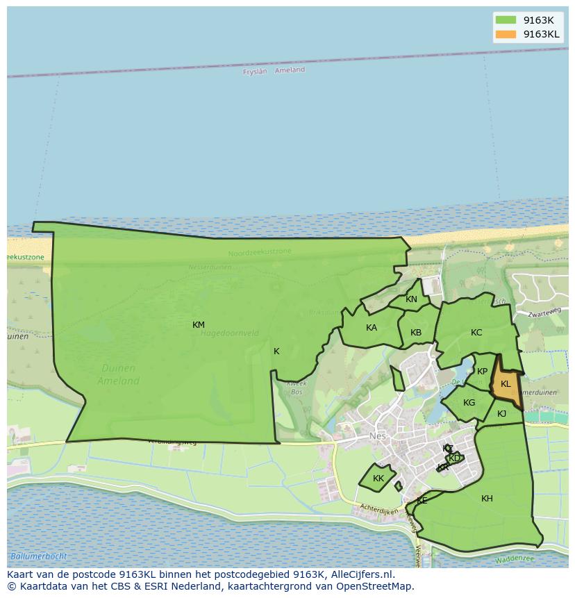 Afbeelding van het postcodegebied 9163 KL op de kaart.