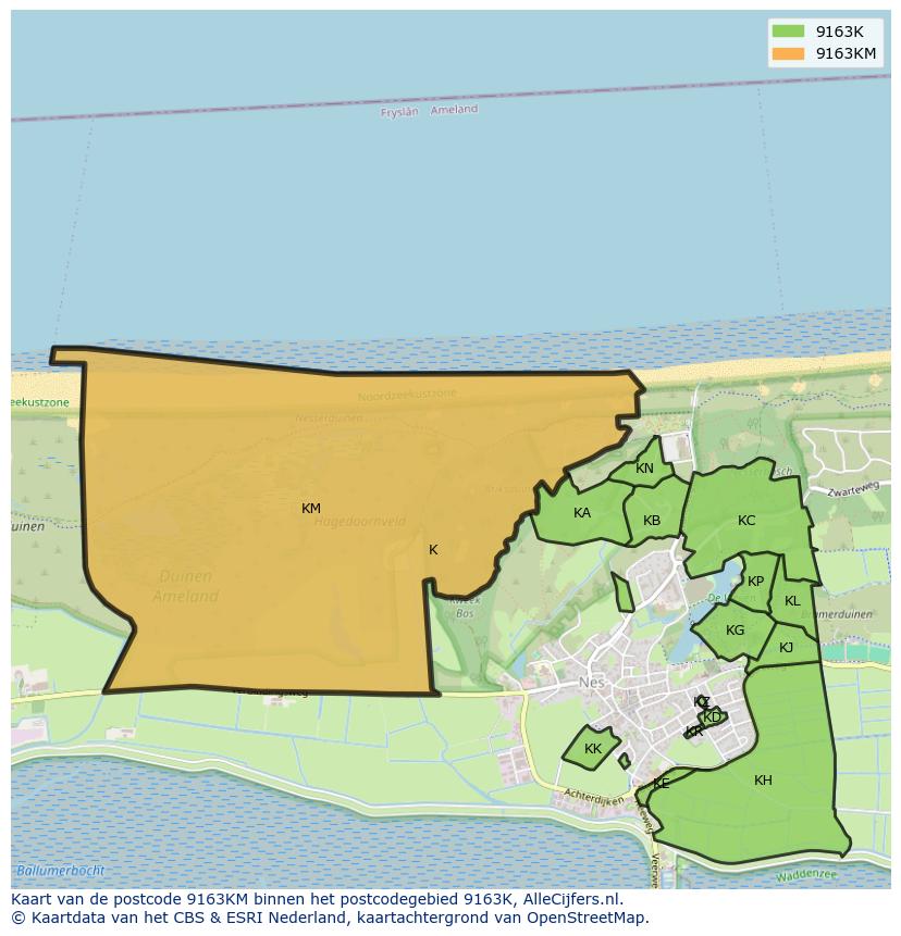 Afbeelding van het postcodegebied 9163 KM op de kaart.