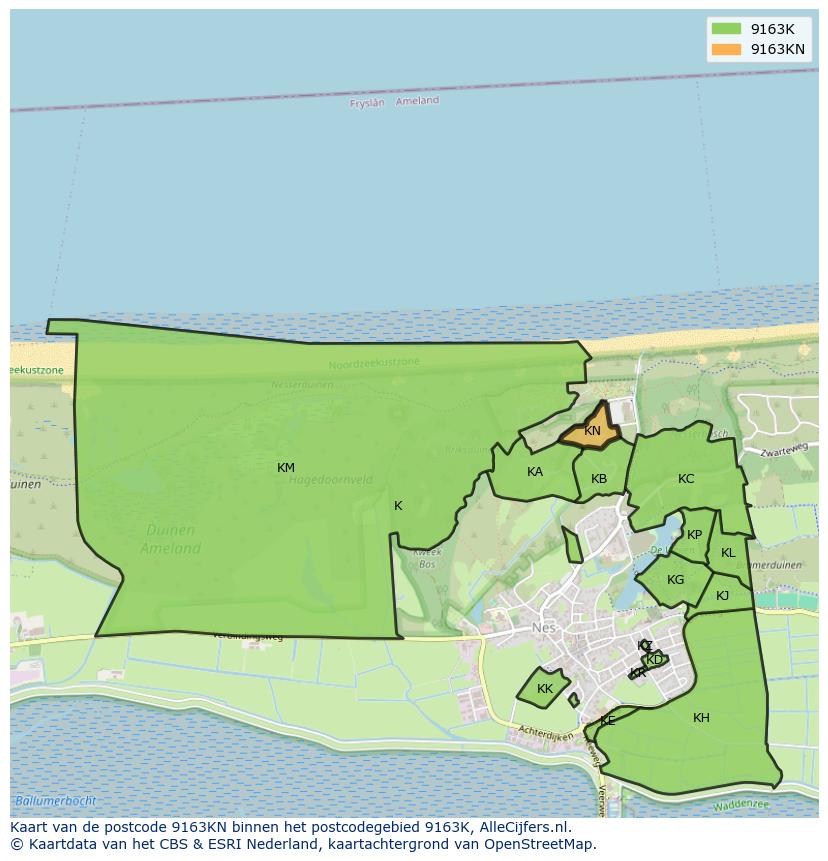 Afbeelding van het postcodegebied 9163 KN op de kaart.