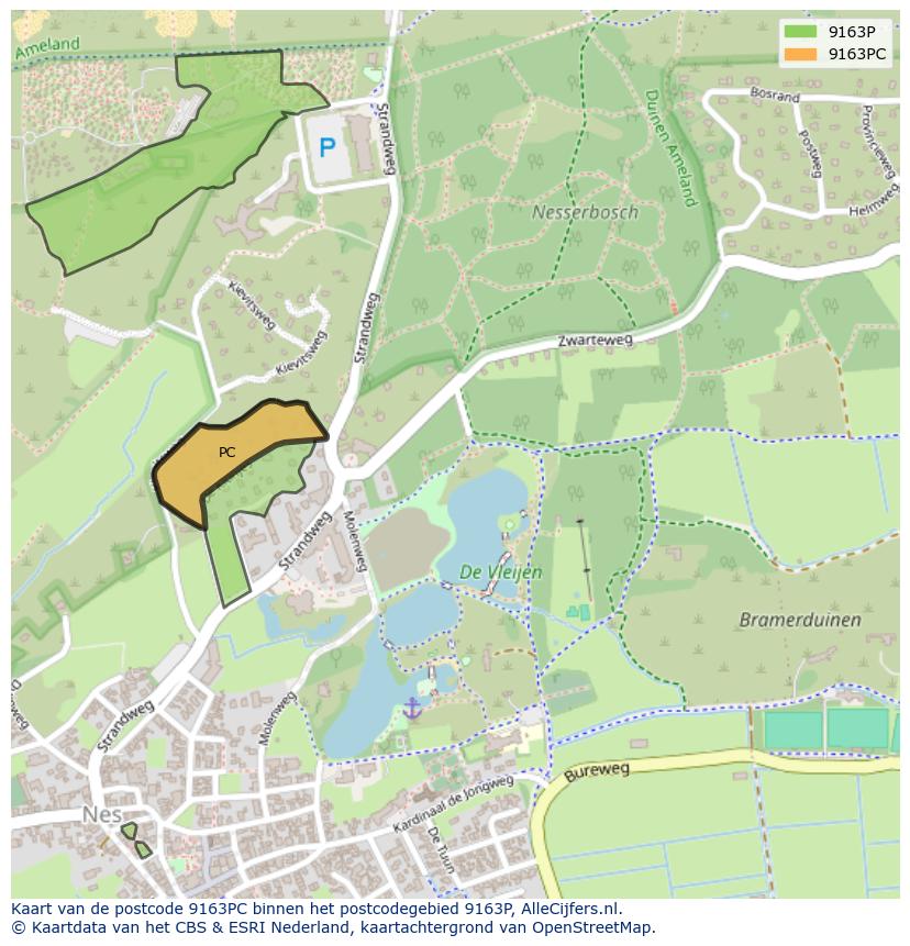 Afbeelding van het postcodegebied 9163 PC op de kaart.