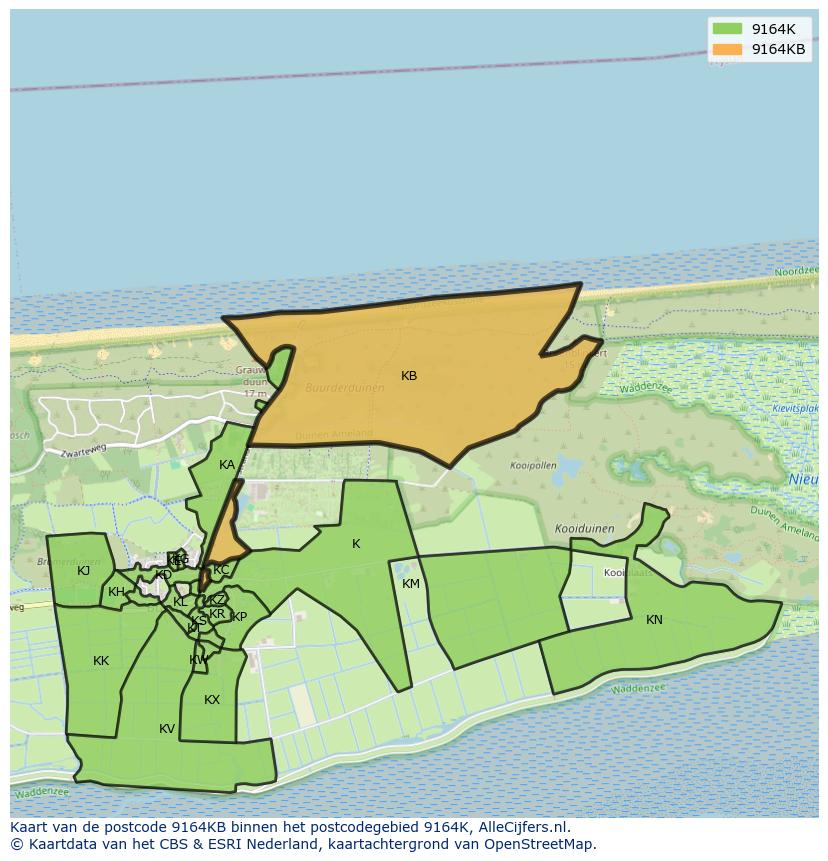 Afbeelding van het postcodegebied 9164 KB op de kaart.