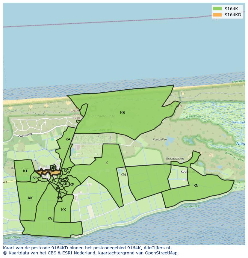 Afbeelding van het postcodegebied 9164 KD op de kaart.