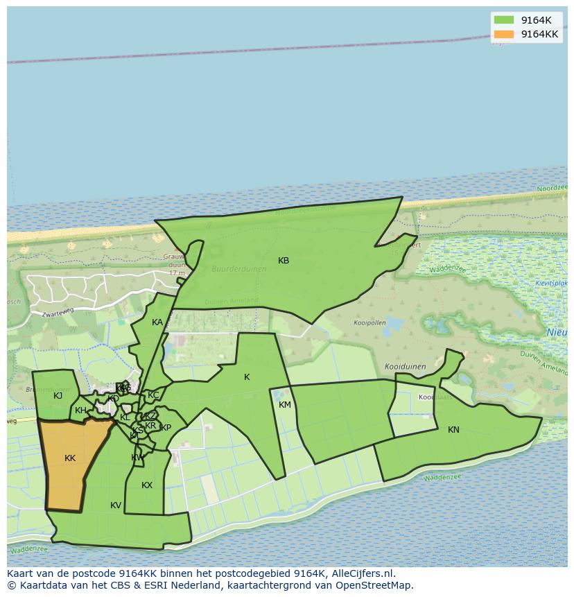 Afbeelding van het postcodegebied 9164 KK op de kaart.