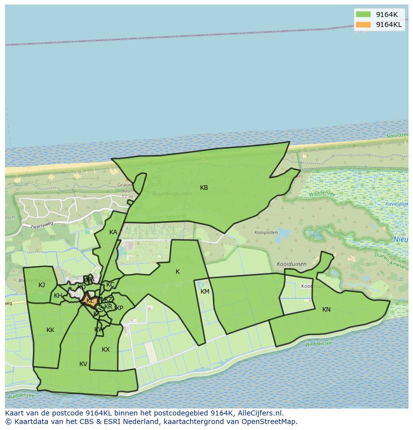 Afbeelding van het postcodegebied 9164 KL op de kaart.