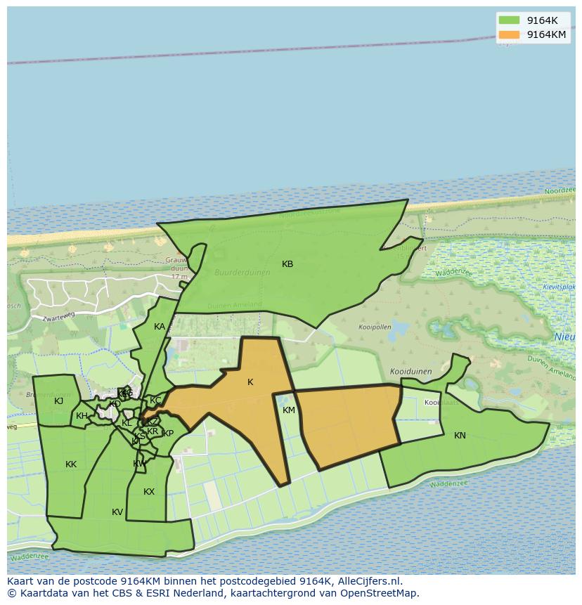 Afbeelding van het postcodegebied 9164 KM op de kaart.