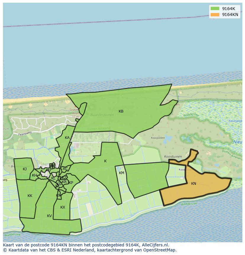 Afbeelding van het postcodegebied 9164 KN op de kaart.
