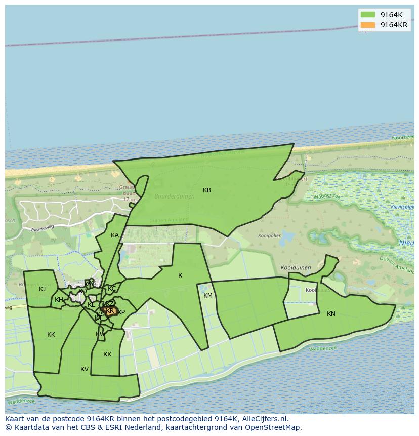 Afbeelding van het postcodegebied 9164 KR op de kaart.