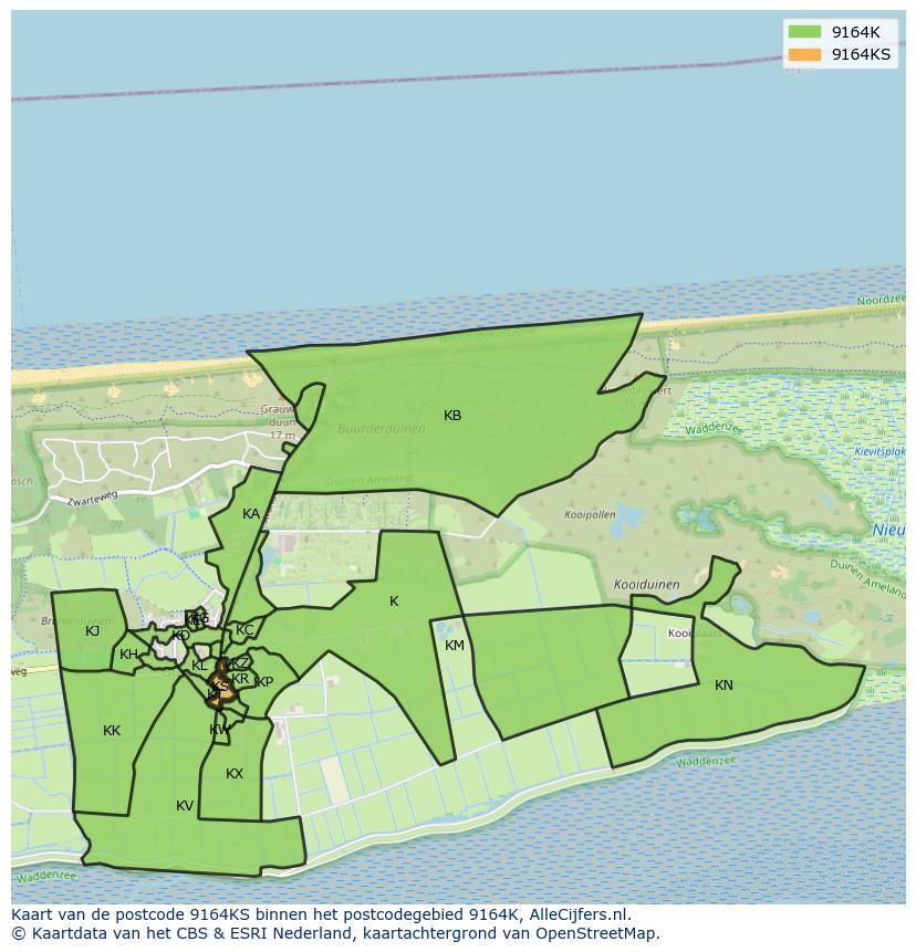 Afbeelding van het postcodegebied 9164 KS op de kaart.