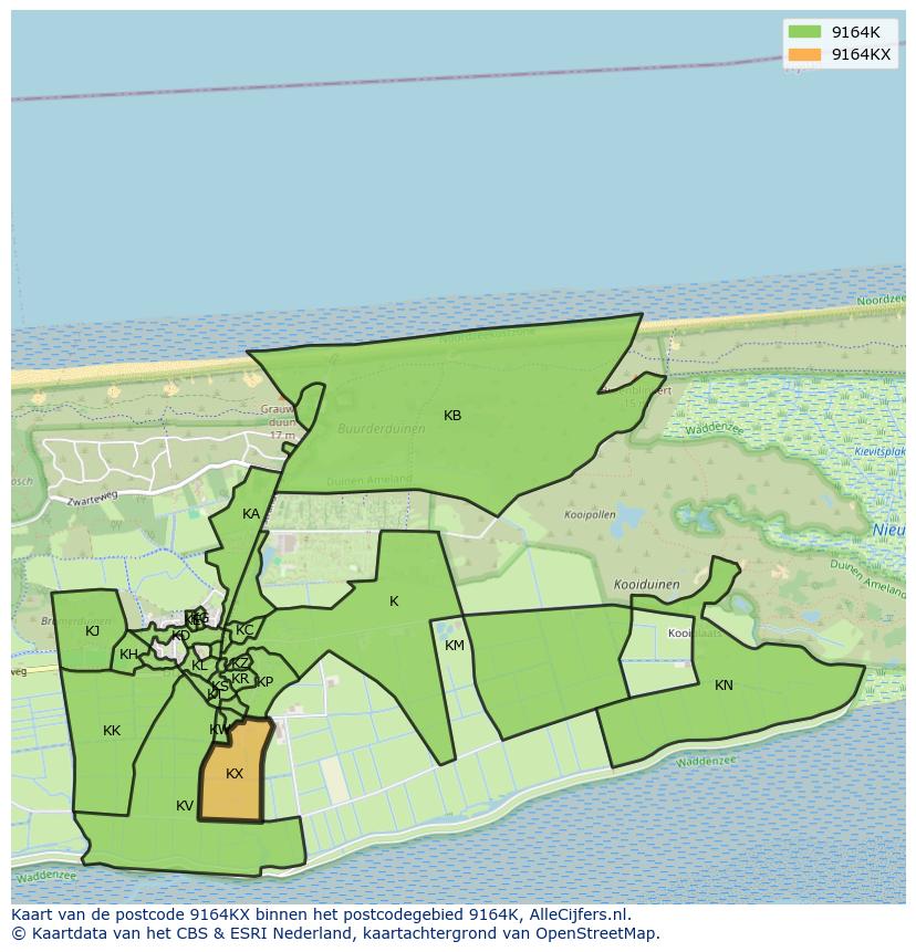 Afbeelding van het postcodegebied 9164 KX op de kaart.