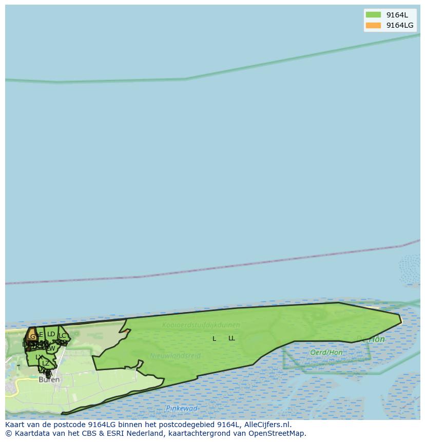 Afbeelding van het postcodegebied 9164 LG op de kaart.