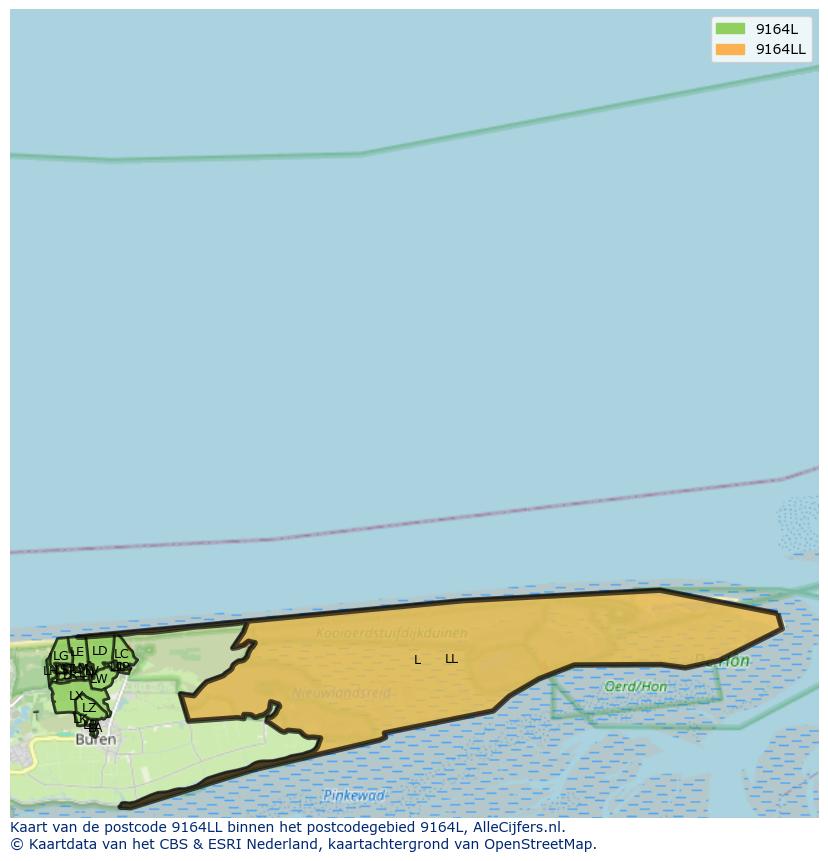 Afbeelding van het postcodegebied 9164 LL op de kaart.