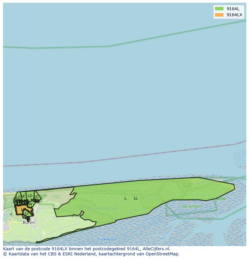 Afbeelding van het postcodegebied 9164 LX op de kaart.