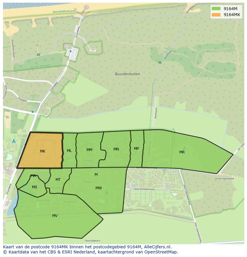 Afbeelding van het postcodegebied 9164 MK op de kaart.