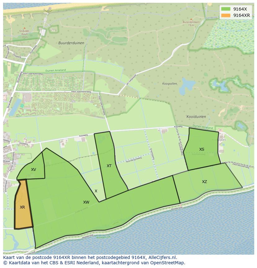Afbeelding van het postcodegebied 9164 XR op de kaart.