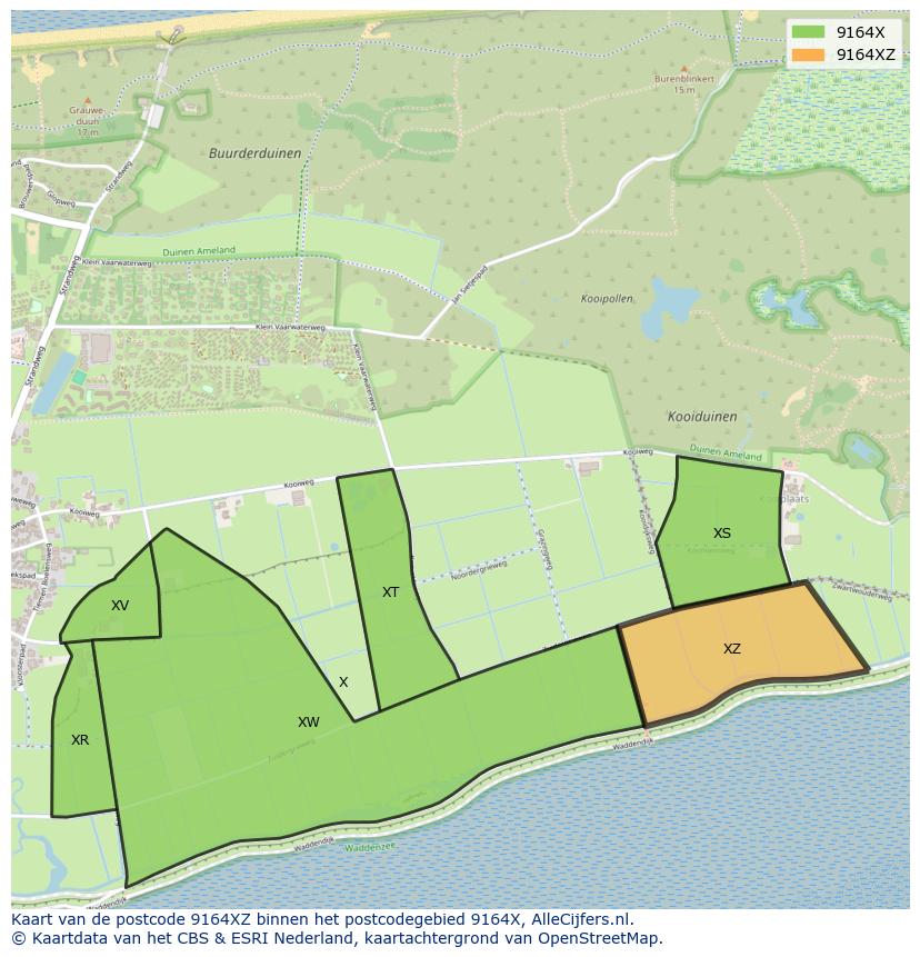Afbeelding van het postcodegebied 9164 XZ op de kaart.
