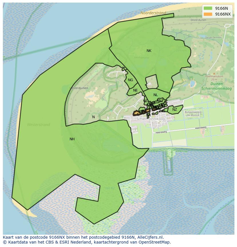 Afbeelding van het postcodegebied 9166 NX op de kaart.