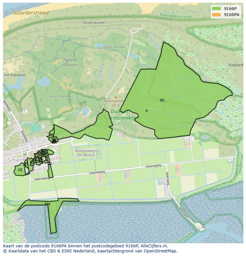 Afbeelding van het postcodegebied 9166 PA op de kaart.