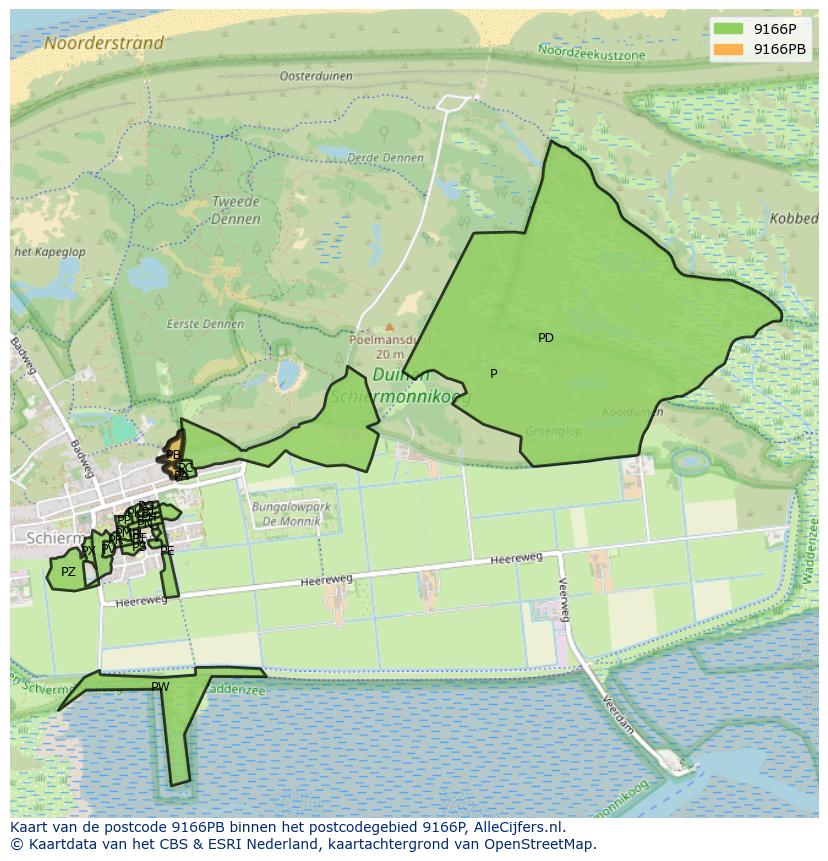 Afbeelding van het postcodegebied 9166 PB op de kaart.