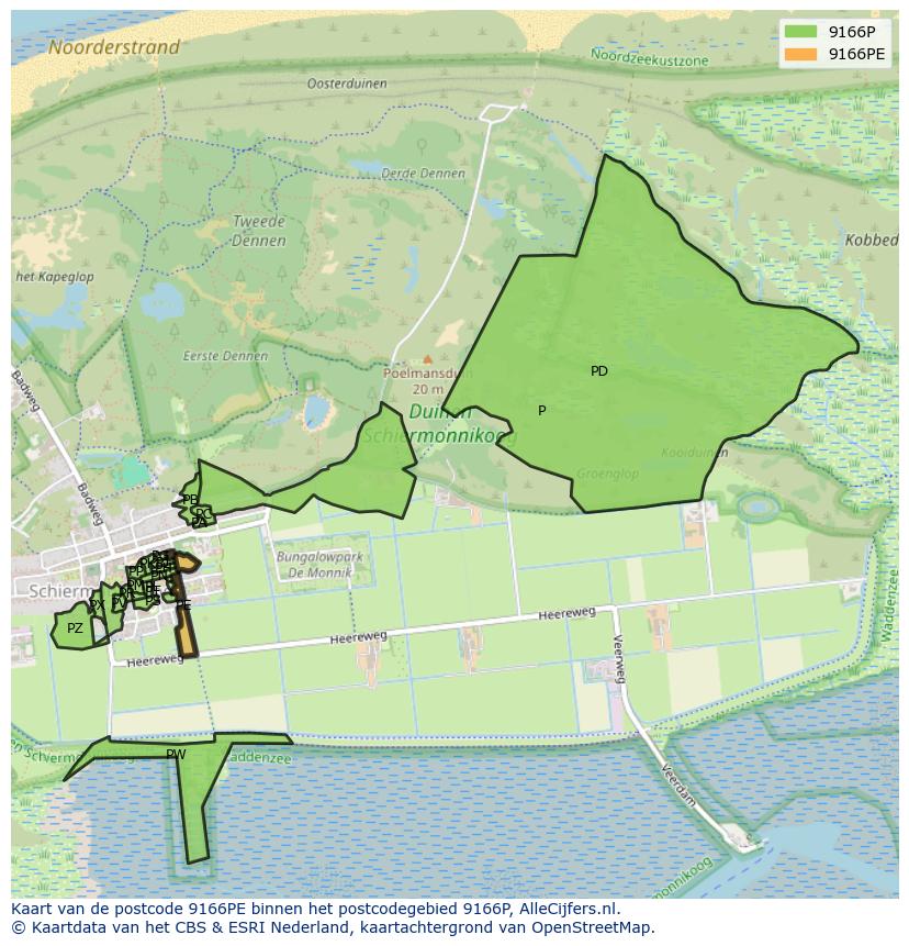 Afbeelding van het postcodegebied 9166 PE op de kaart.