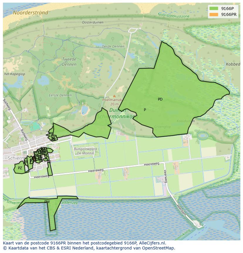 Afbeelding van het postcodegebied 9166 PR op de kaart.
