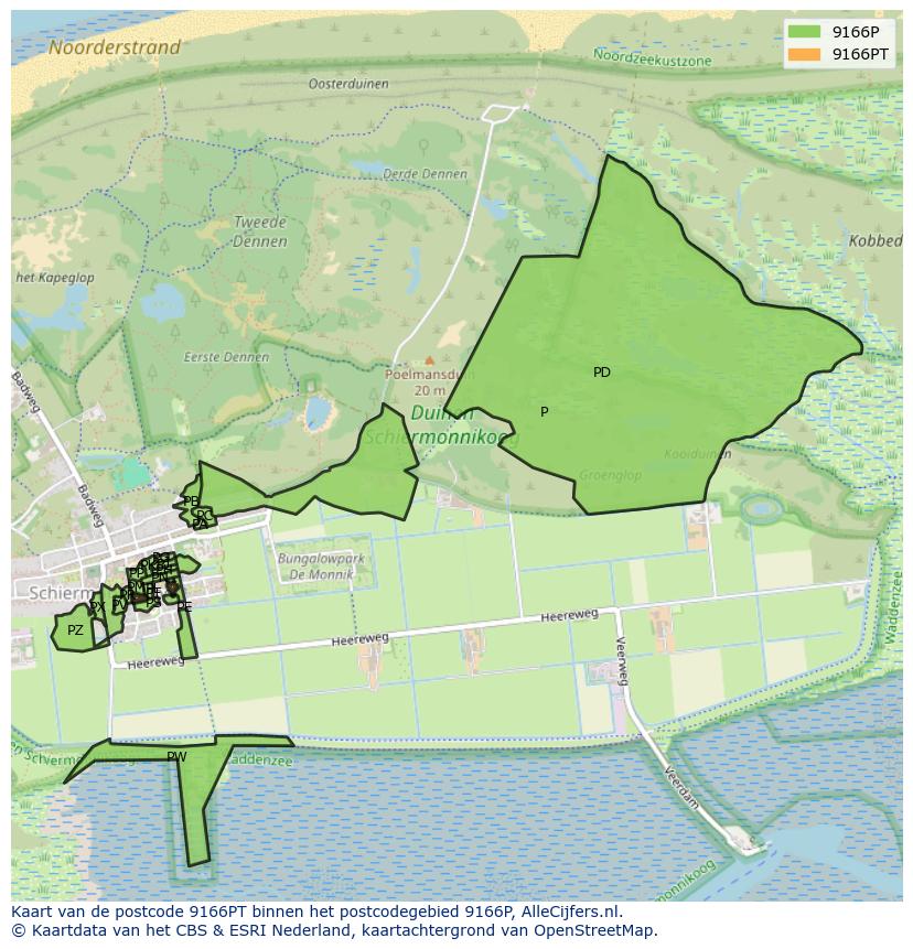Afbeelding van het postcodegebied 9166 PT op de kaart.