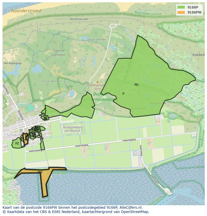Afbeelding van het postcodegebied 9166 PW op de kaart.