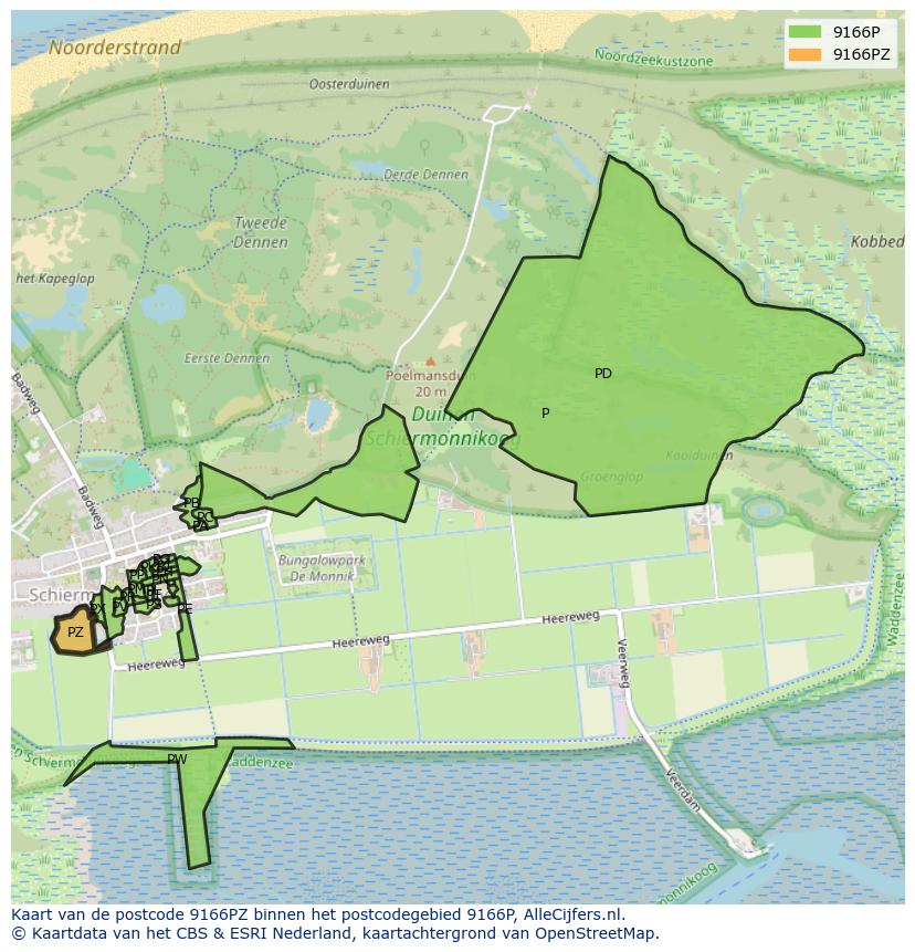 Afbeelding van het postcodegebied 9166 PZ op de kaart.