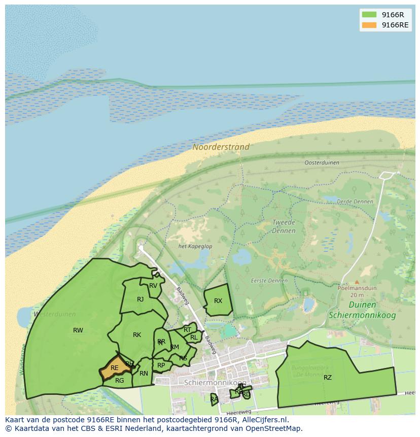 Afbeelding van het postcodegebied 9166 RE op de kaart.