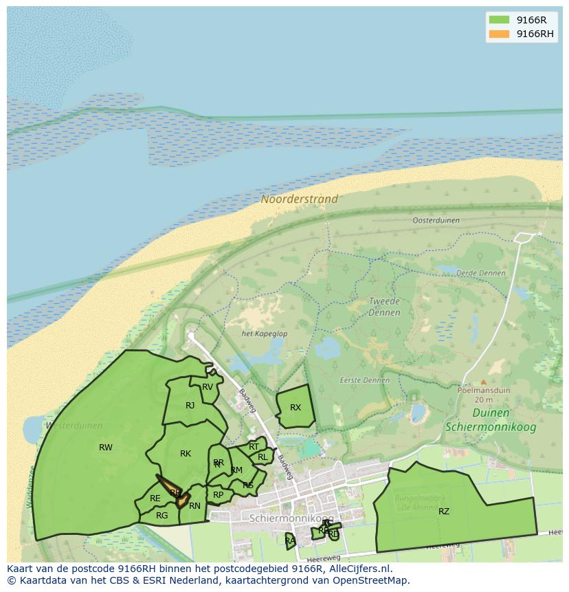 Afbeelding van het postcodegebied 9166 RH op de kaart.