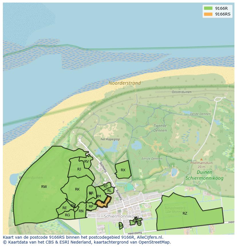 Afbeelding van het postcodegebied 9166 RS op de kaart.