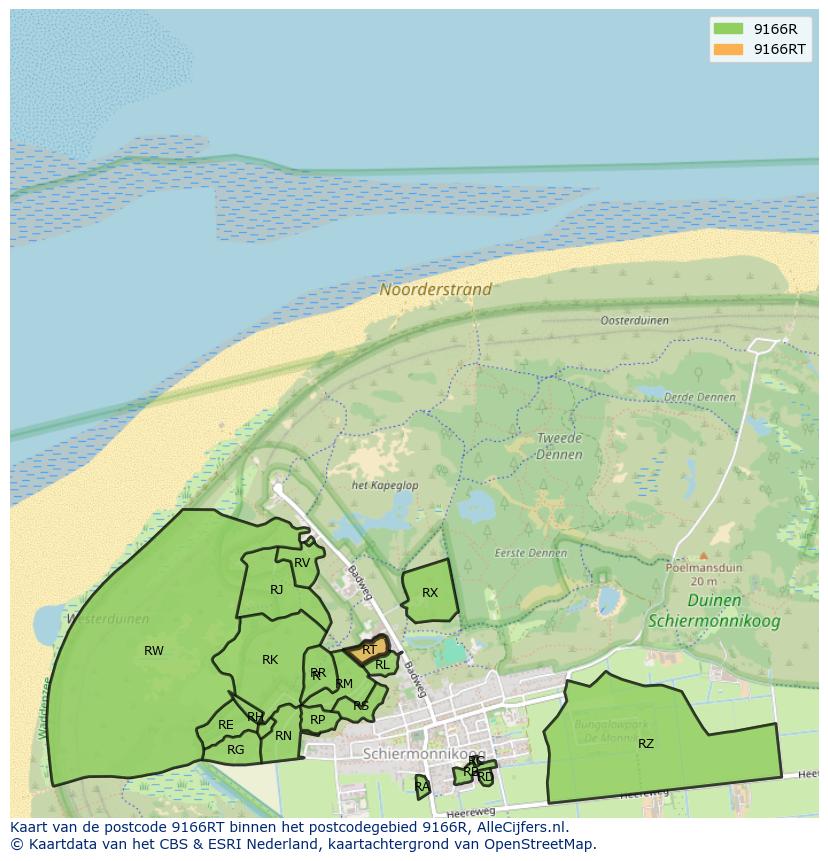 Afbeelding van het postcodegebied 9166 RT op de kaart.