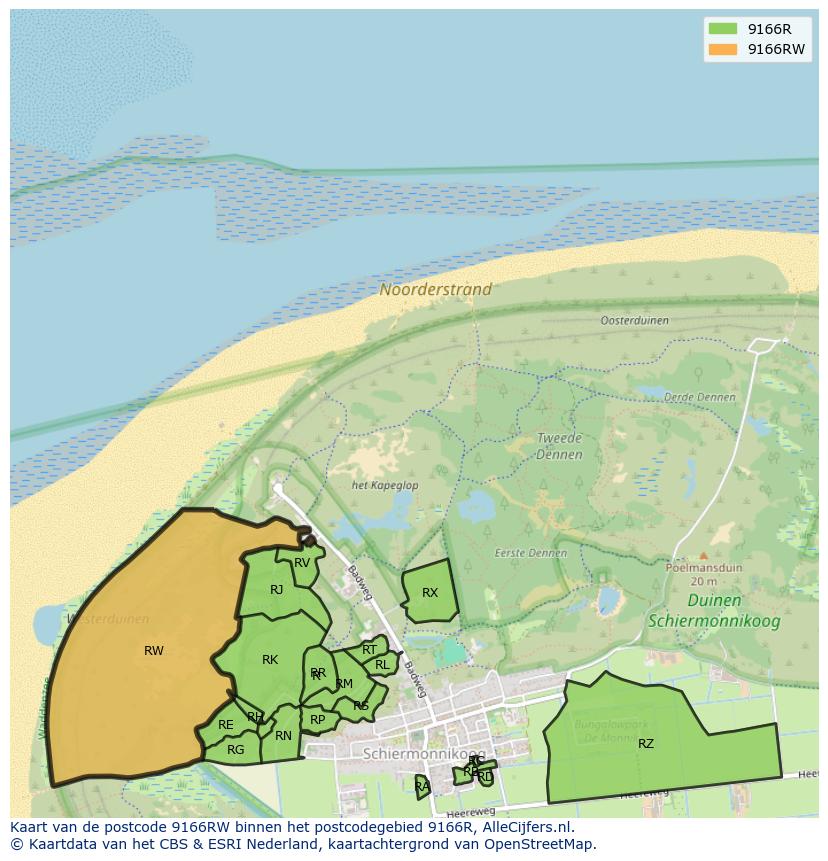 Afbeelding van het postcodegebied 9166 RW op de kaart.