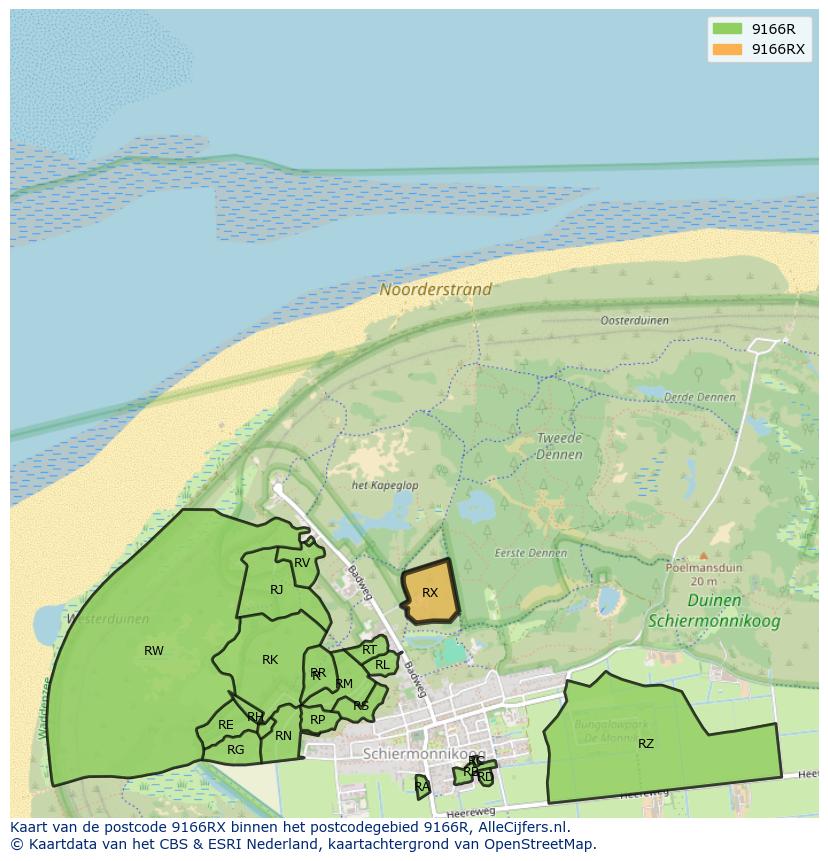 Afbeelding van het postcodegebied 9166 RX op de kaart.