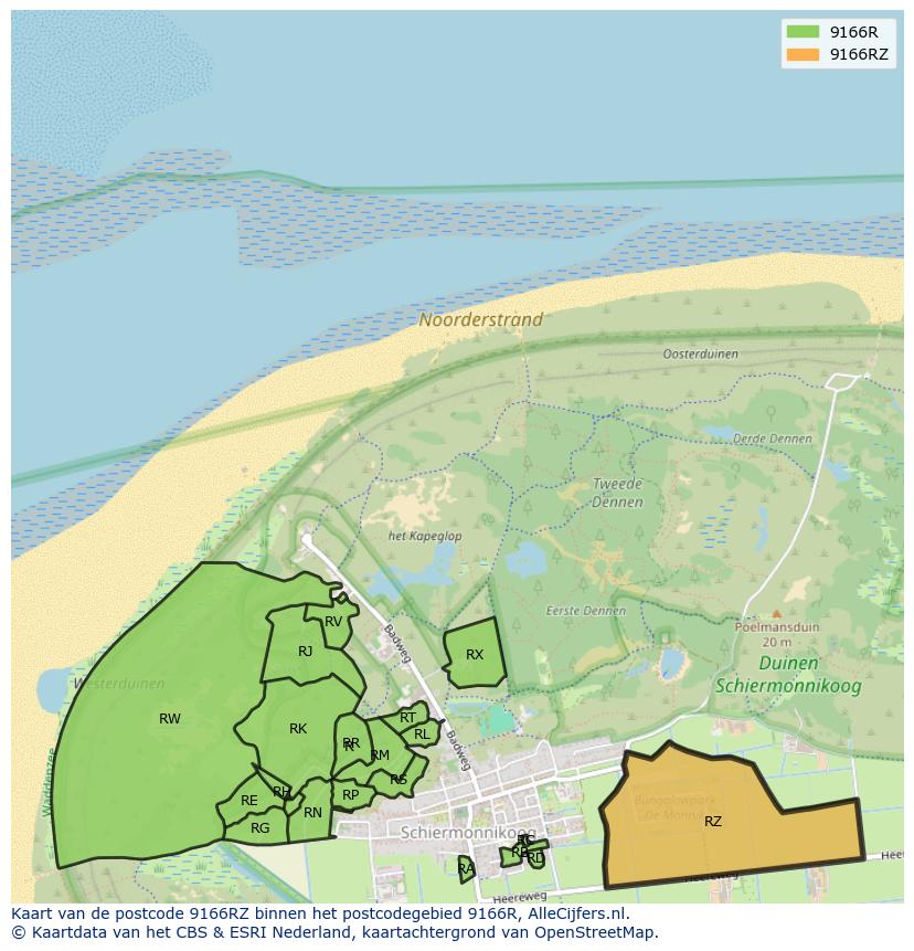 Afbeelding van het postcodegebied 9166 RZ op de kaart.