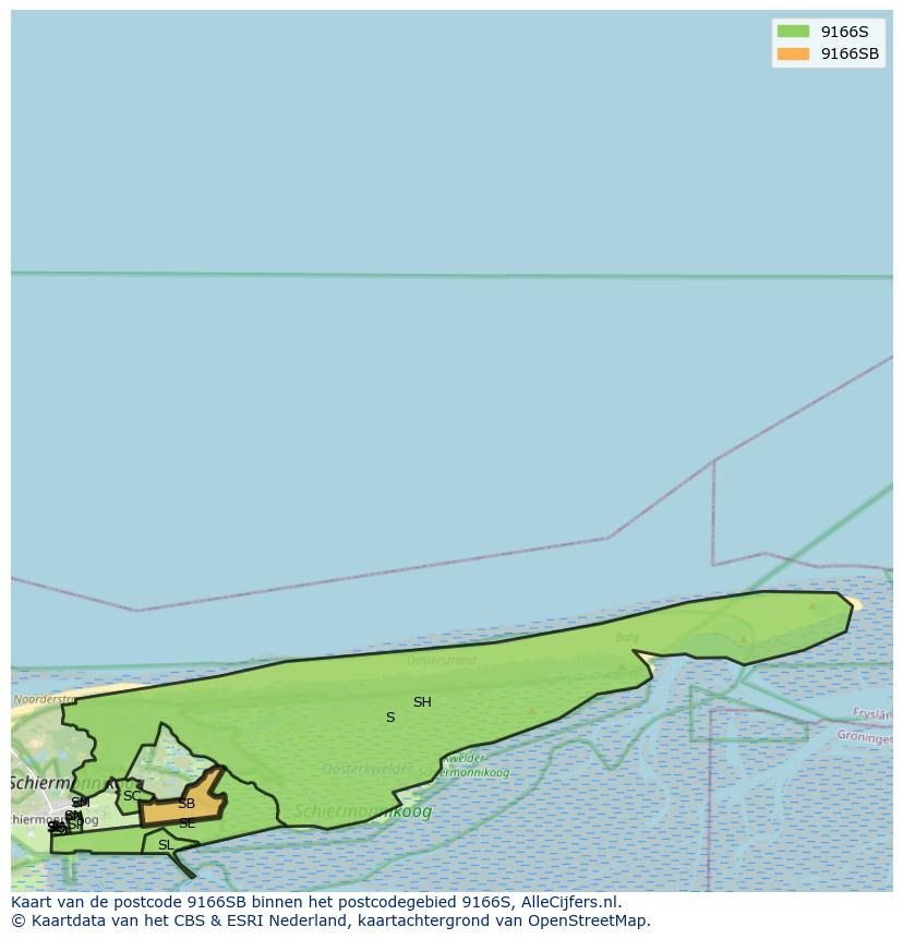 Afbeelding van het postcodegebied 9166 SB op de kaart.