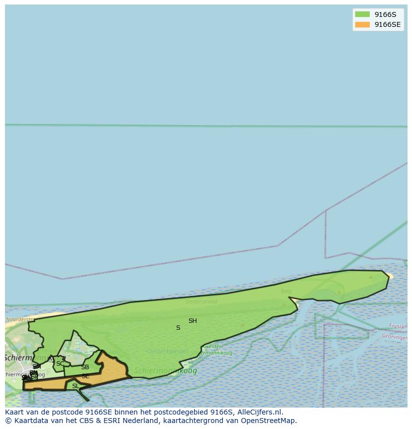 Afbeelding van het postcodegebied 9166 SE op de kaart.