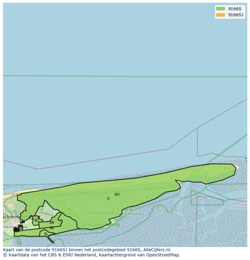 Afbeelding van het postcodegebied 9166 SJ op de kaart.
