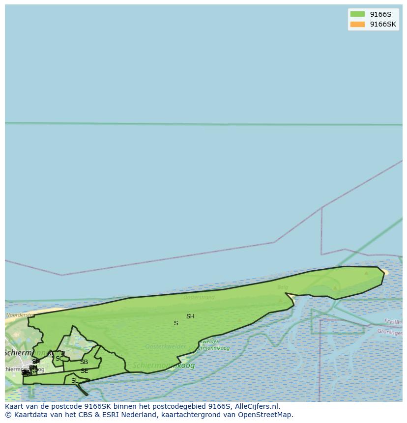 Afbeelding van het postcodegebied 9166 SK op de kaart.