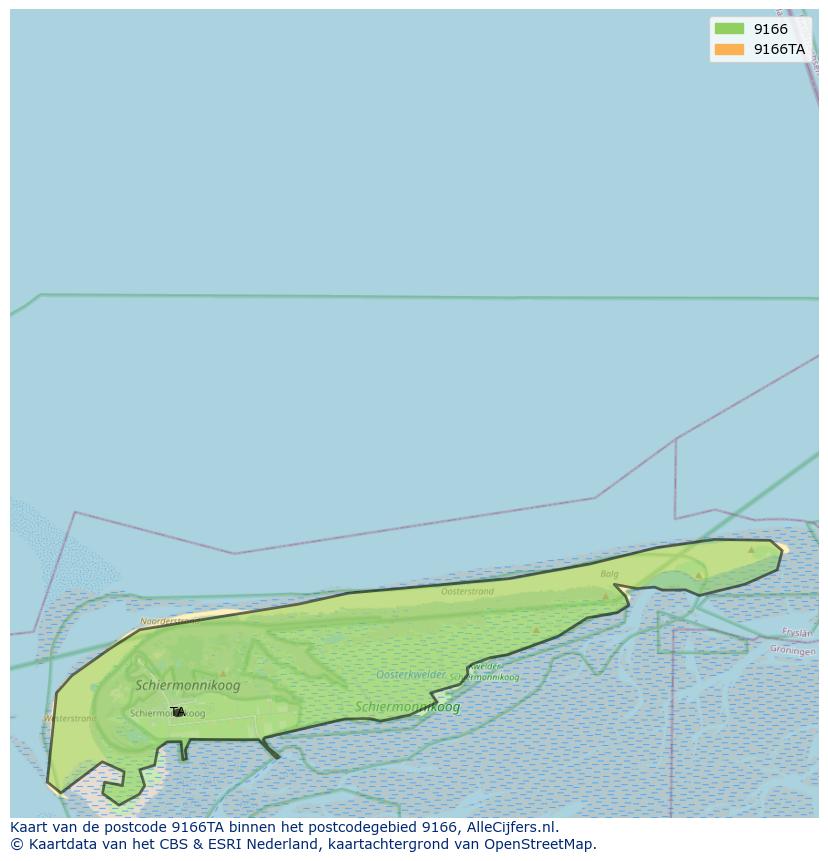 Afbeelding van het postcodegebied 9166 TA op de kaart.