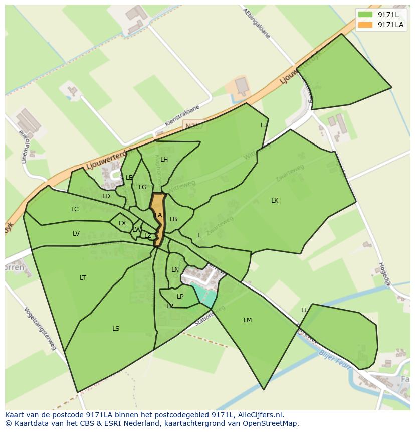 Afbeelding van het postcodegebied 9171 LA op de kaart.