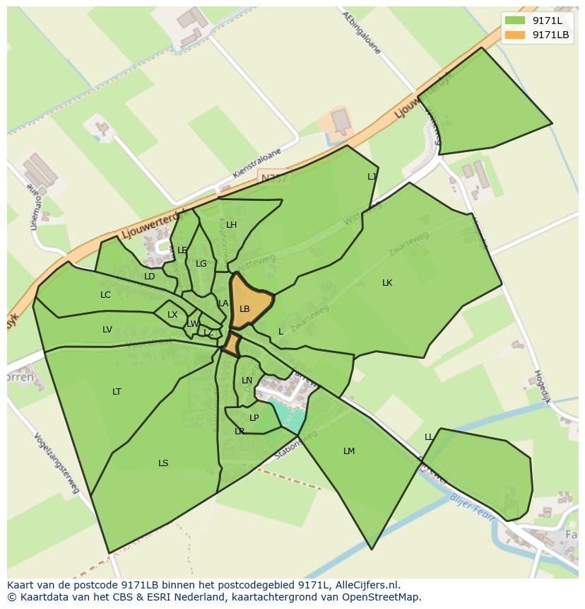 Afbeelding van het postcodegebied 9171 LB op de kaart.