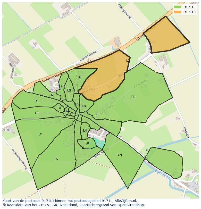 Afbeelding van het postcodegebied 9171 LJ op de kaart.