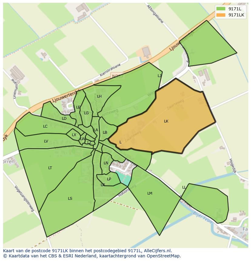 Afbeelding van het postcodegebied 9171 LK op de kaart.