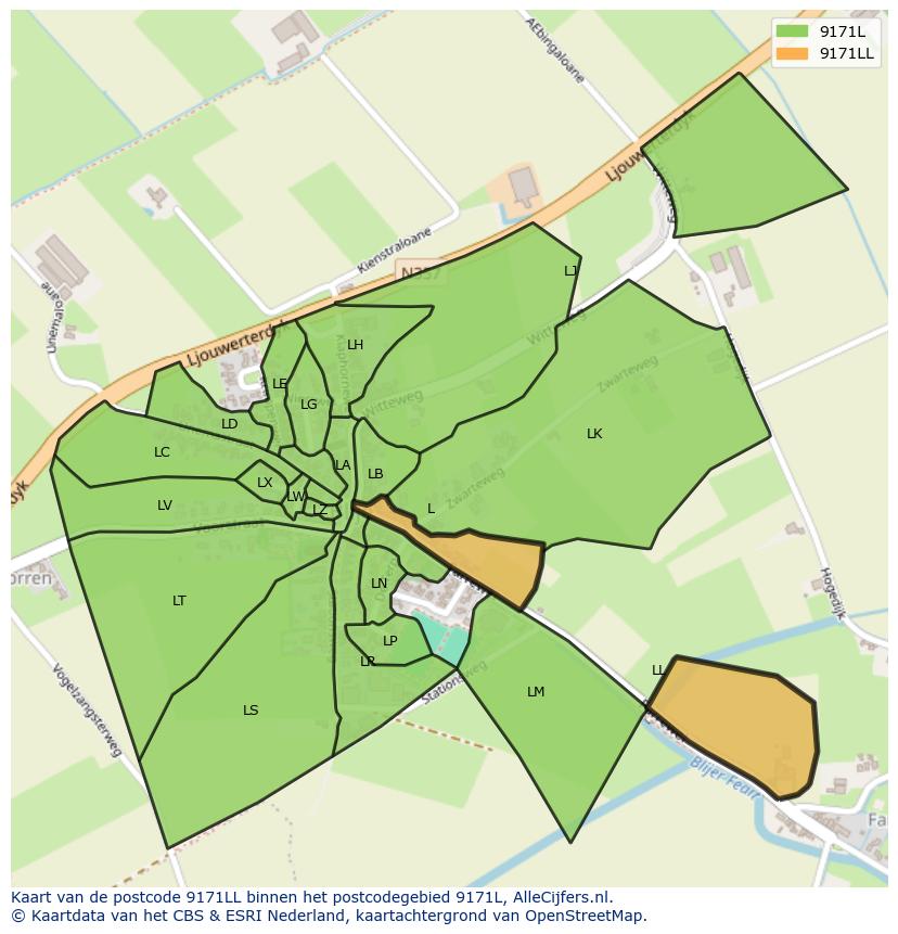 Afbeelding van het postcodegebied 9171 LL op de kaart.