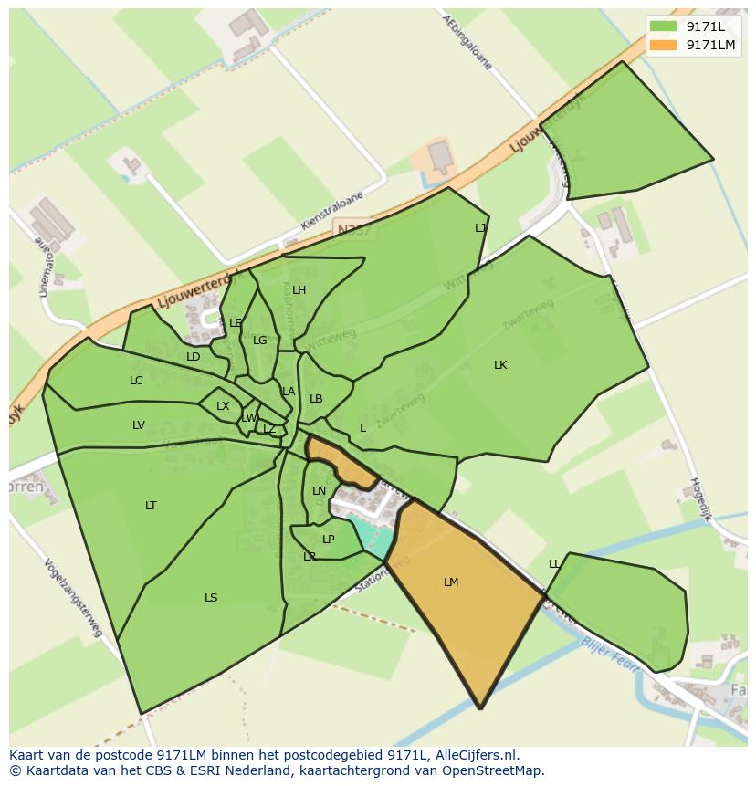 Afbeelding van het postcodegebied 9171 LM op de kaart.
