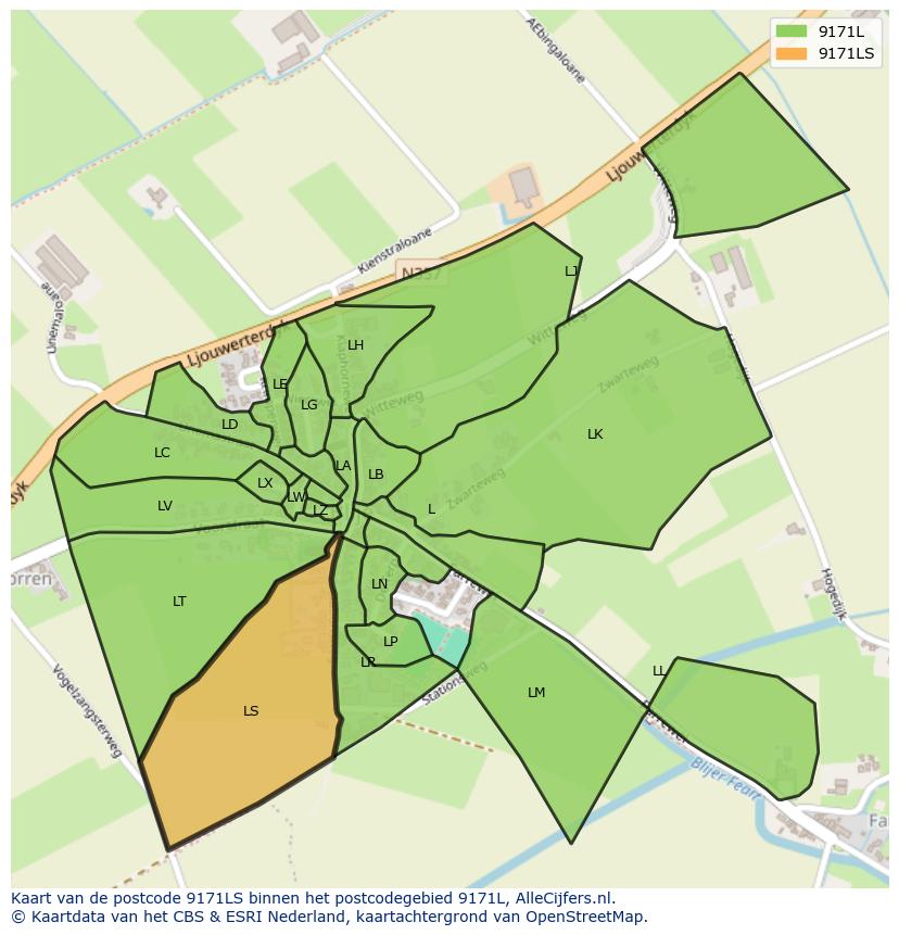 Afbeelding van het postcodegebied 9171 LS op de kaart.