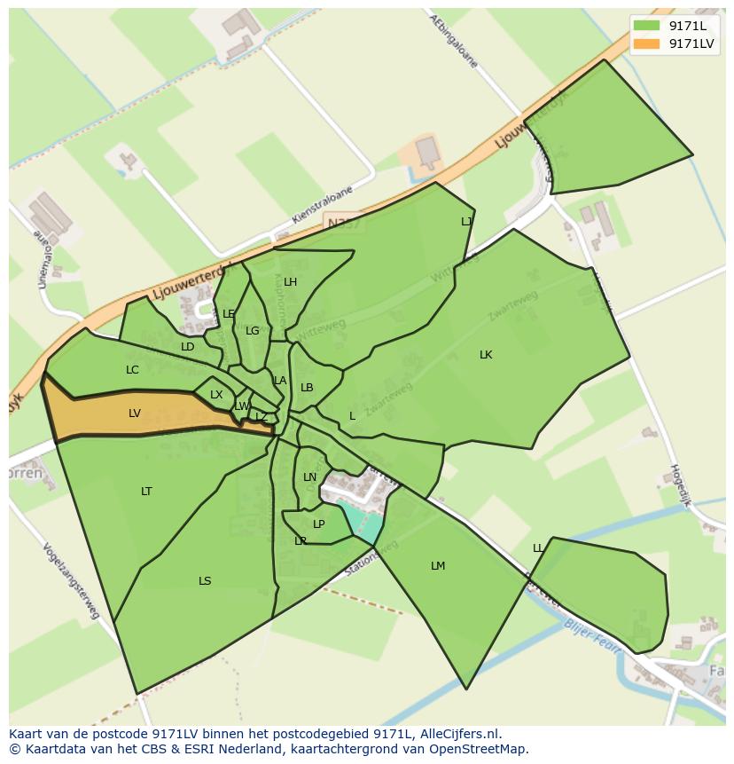 Afbeelding van het postcodegebied 9171 LV op de kaart.