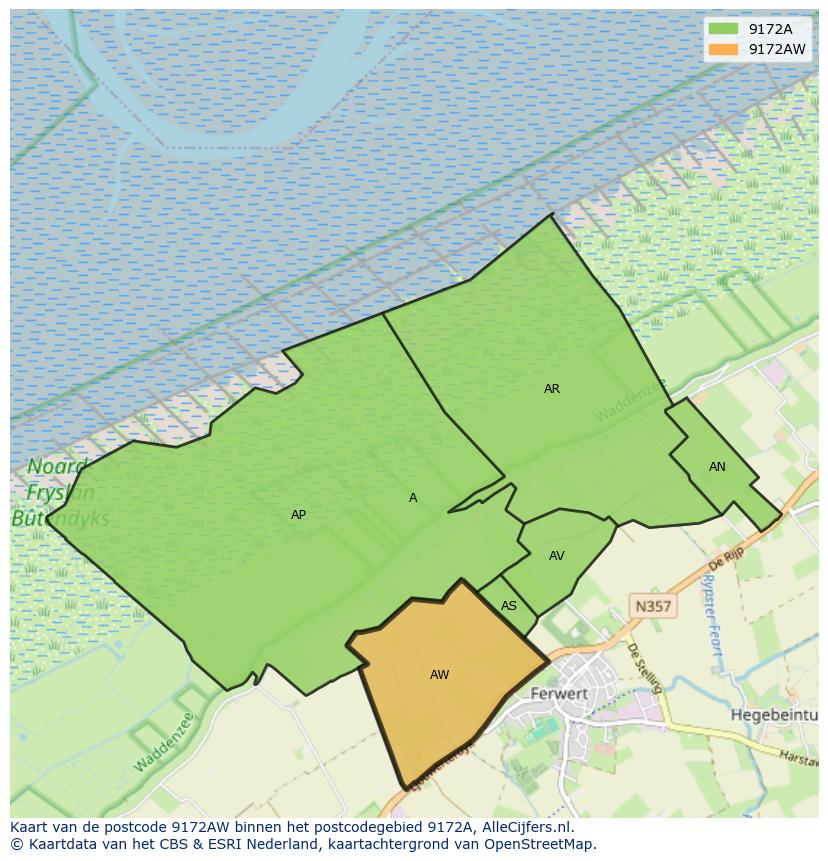Afbeelding van het postcodegebied 9172 AW op de kaart.